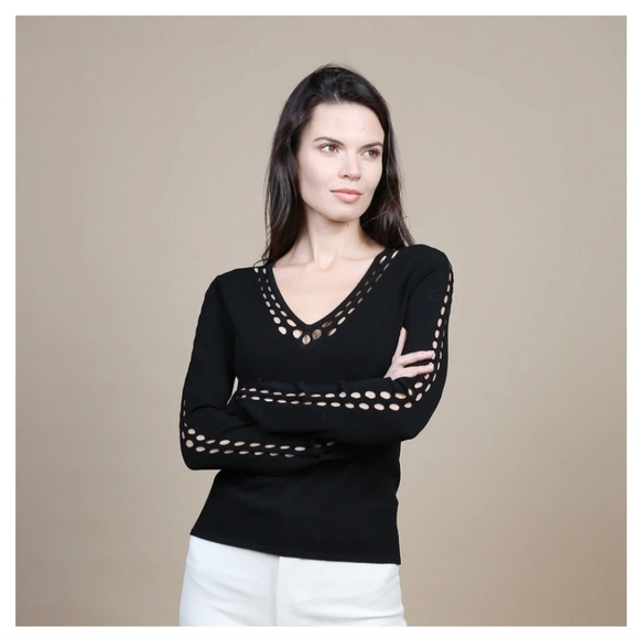 Autumn Cashmere Open Pointelle V & Sleeves in Black - Picture 3 of 3